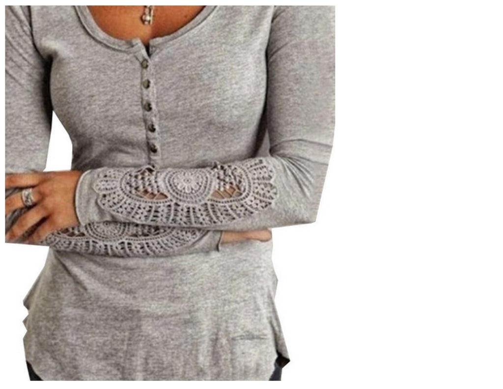 ladies grey knit top with crochet sleeves